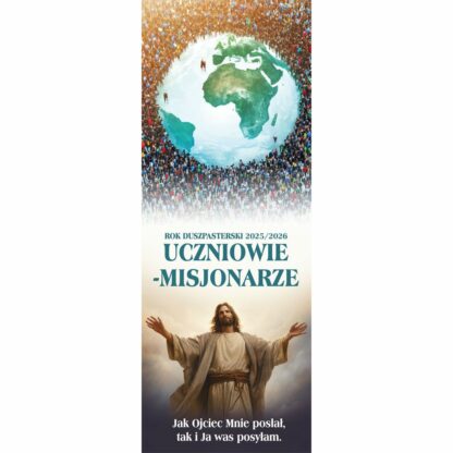 baner uczniowie misjonarze z wizerunkiem Ziemii i Jezusa Chrystusa