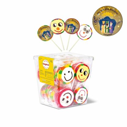 pudełko z lizakami Ewangelizaki, z motywem - naklejką z trzema królami