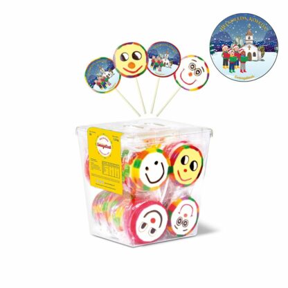 pudełko z lizakami Ewangelizaki, z motywem - naklejką z dziećmi kolędnikami