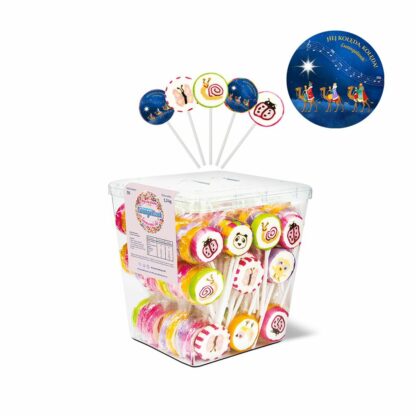 pudełko z lizakami Ewangelizaki, z motywem - naklejką z trzema królami jadącymi na wielbłądach