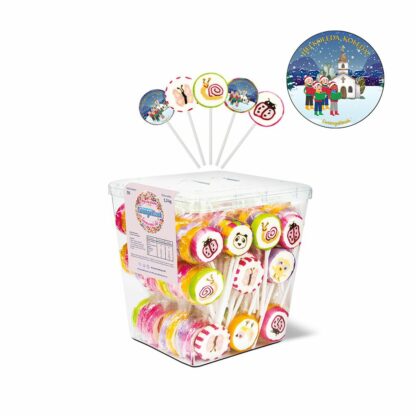 pudełko z lizakami Ewangelizaki, z motywem - naklejką z dziećmi kolędnikami