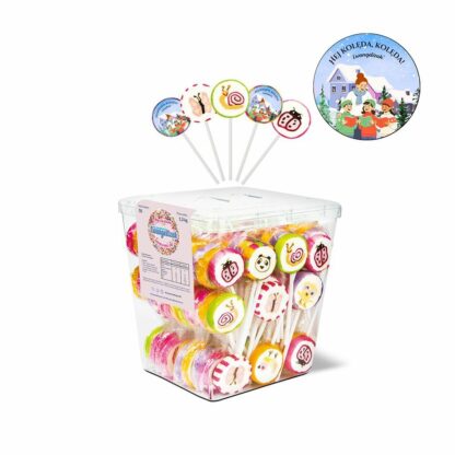 pudełko z lizakami Ewangelizaki, z motywem - naklejką z dziećmi kolędnikami