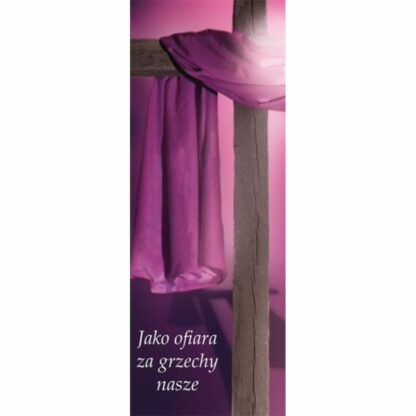 baner religijny w kolorach fioletu, na wielki post, z napisem - jako ofiara za grzechy nasze