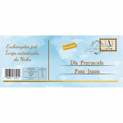 czekolada mleczna, prezent na pierwszą komunie świętą, carlo acutis; tył opakowania