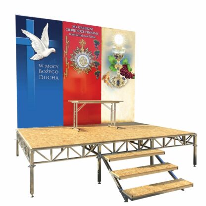 ołtarz na boże ciało, 3-modułowy, ze schodkami, podestem, stolikiem i trzema grafikami