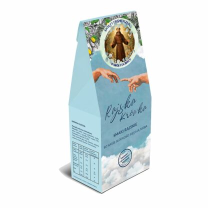 kartonikowe opakowanie rajskich krówek - cukierków z etykietką św. Franciszka