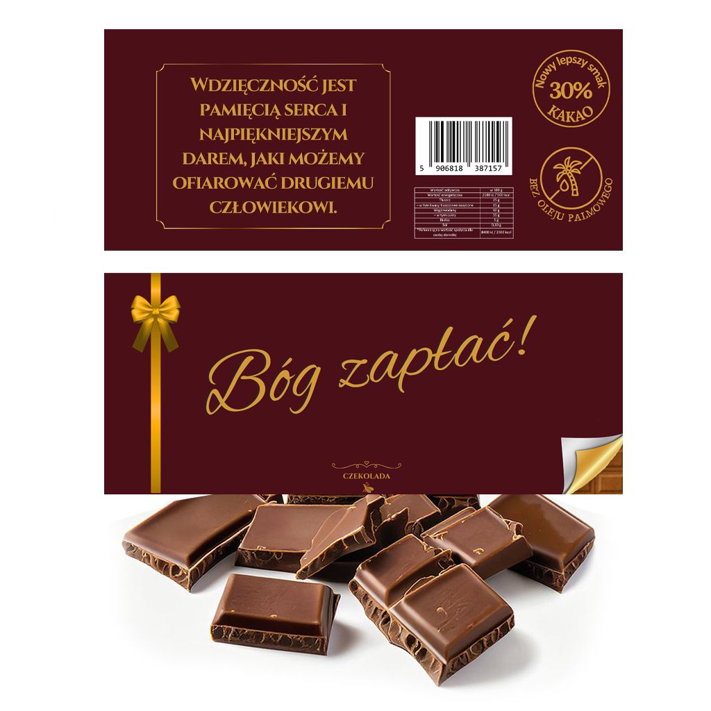 opakowanie czekolady mlecznej z 30% kakao i bez oleju palmowego; z hasłem Bóg zapłać