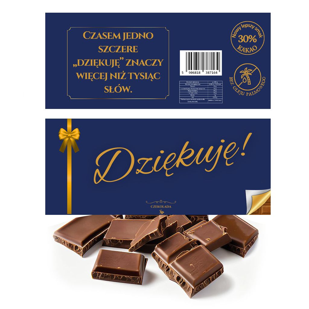 opakowanie czekolady mlecznej z 30% kakao i bez oleju palmowego; z hasłem Dziękuję