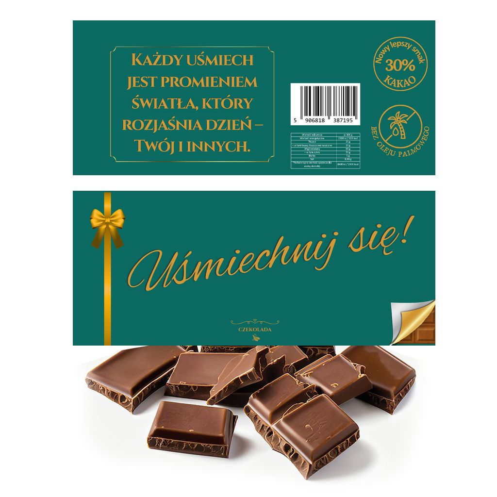 opakowanie czekolady mlecznej z 30% kakao i bez oleju palmowego; z hasłem Uśmiechnij się