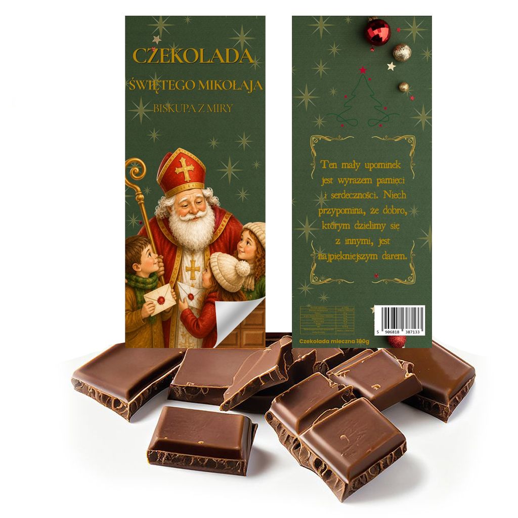 zielone opakowanie mlecznej czekolady ze św. mikołajem